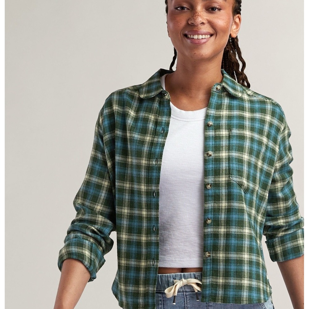 Toad & Co Women's Re-form Flannel Long Sleeve Plaid Shirt S Green Blue Cabincore